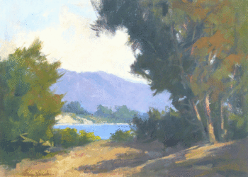 Carpinteria Bluff painting by Ann Sanders includes green and gold trees with glimpse of blue waters and muted purple mountains in background. (Courtesy photo)